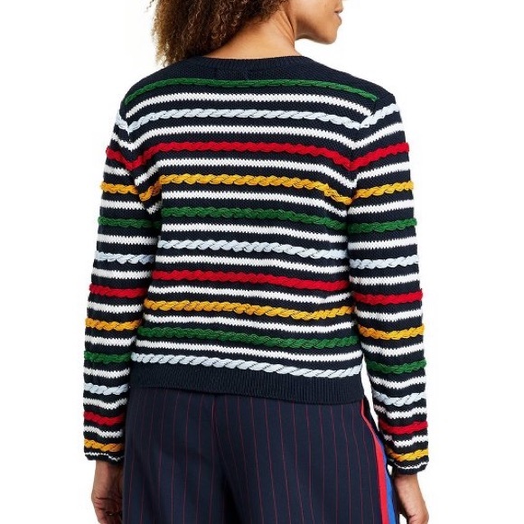 π LA LIGNE x Target Women's Textured Striped Cardigan Sweater Navy Red Yellow - Picture 11 of 17